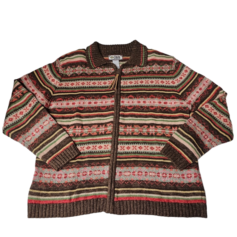 Vintage Tiara International Colorful Southwestern Zip Up Cardigan Womens Medium